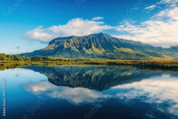 Fototapeta A serene mountain range mirrored in a tranquil lake, showcasing nature's beauty and harmony.
