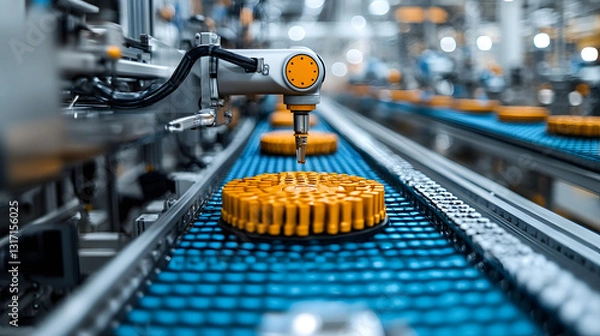 Obraz Automated Production Line: Robotic arm precisely places components on a moving conveyor belt, symbolizing efficiency and innovation in an automated production line.