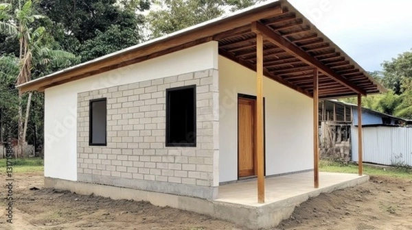 Fototapeta Modern tropical bungalow featuring exposed brick walls, wooden porch merging contemporary and rustic design within verdant landscape surroundings