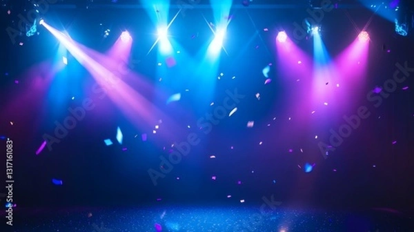 Fototapeta Neon spotlight stage background. Disco party projector light concert or show scene. Magic beam glow for nightclub or award winner with confetti glitter. Congratulation performance for celebrity.