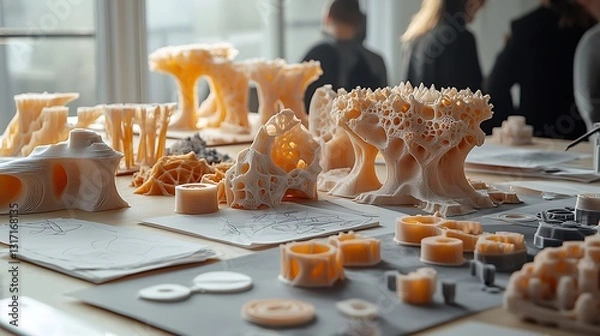 Fototapeta Architectural 3D Printed Models Abstract Organic Designs Beige Studio Table
