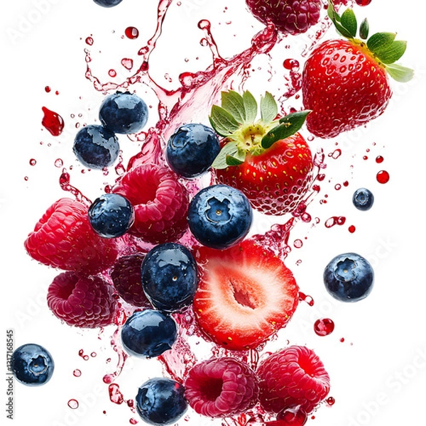 Obraz A Burst of Blueberries Raspberries and Strawberries Falling Into Water Splash Isolated on Transparent Background