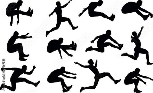 Fototapeta Long jump man silhouette vector illustration set