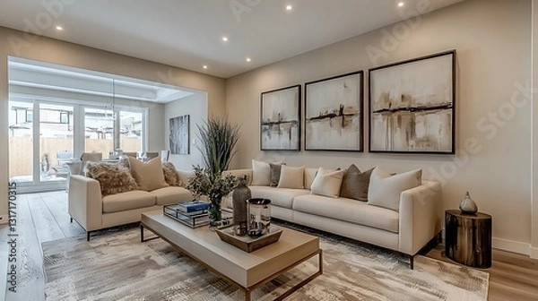 Obraz Modern Beige Living Room Interior Design with Abstract Art and Cozy Sofa