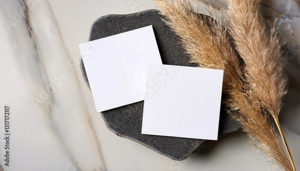 Fototapeta two blank paper sheet mockup cards on marble stand with pampas grass flat lay top view minimal aesthetic business card with copy space for greeting branding logo and invitation