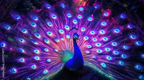Fototapeta Vibrant cybernetic peacock displaying iridescent plumage in futuristic glow