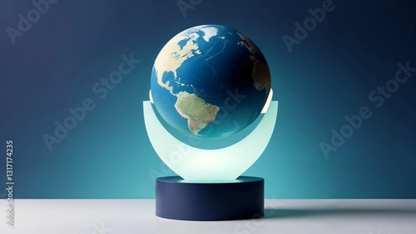 Fototapeta A blue and white globe sitting on top of a black base.