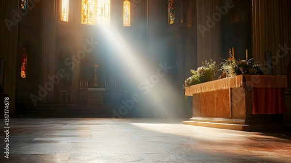 Fototapeta Sunlit Church Interior With Empty Altar And Stained Glass Window Illumination
