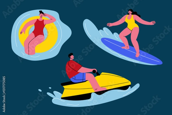 Fototapeta People enjoying summer activities: surfing, riding a jet ski, and floating on an inflatable ring. Perfect for beach, vacation, travel, adventure, leisure, and outdoor recreation designs.