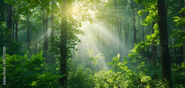 Fototapeta A lush green forest with sunlight gently filtering through the dense foliage of tall trees, creating a serene and natural ambiance.
