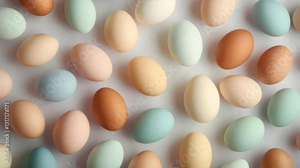 Fototapeta Abundant Colorful Pastel Chicken Eggs Arranged on White Background For Easter Decoration