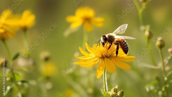 Fototapeta A bee is sitting on a yellow flower in a field.