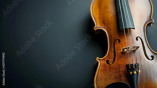 Fototapeta Close Up of an Elegant Violin With Brown and Orange Wood Grain on a Dark Background