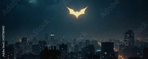 Fototapeta Iconic Bat-Signal shining in the night sky over Gotham City