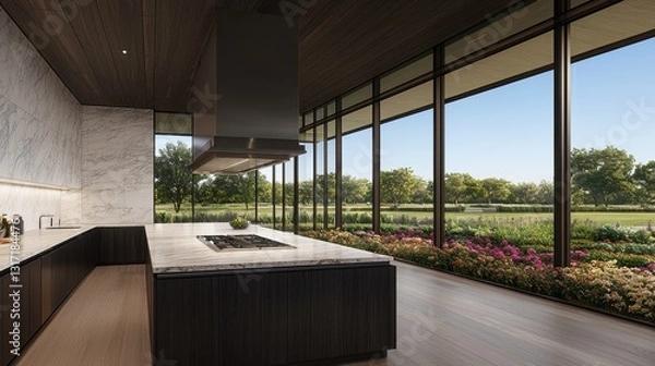 Obraz Modern Open Kitchen Design with Scenic Outdoor View and Garden