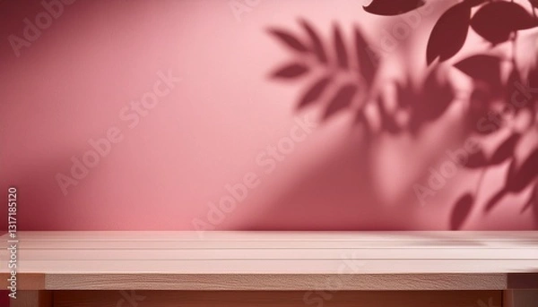 Fototapeta empty table on bright pink wall background composition with leaves shadow on the wall and pink table mock up for presentation branding products cosmetics food or jewelry
