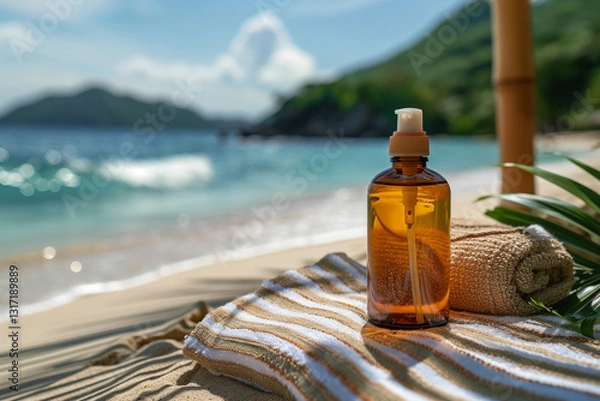 Obraz Seaside Serenity: A bottle of sun screen and a folded towel rest on a striped towel. capturing a sense of relaxation, evoking the warmth of the sun and the tranquility of the sea