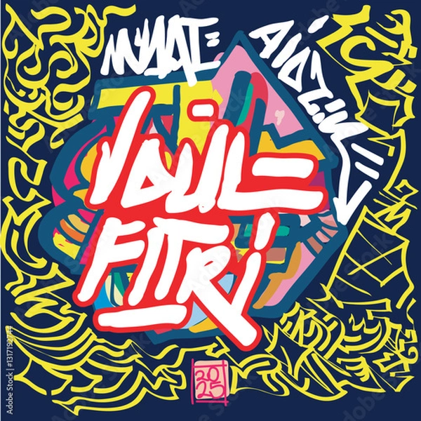 Fototapeta This illustration features a graffiti-style artwork with the words "Idul Fitri" in bold, colorful lettering. The design is vibrant and festive, celebrating the joyful occasion of Eid al-Fitr.