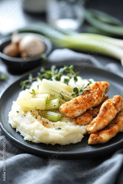 Fototapeta Plate with mashed potatoes, cooked leek slices, and small chicken strips