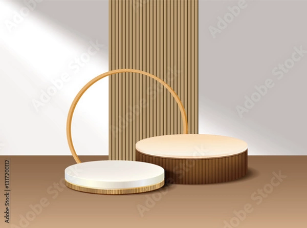 Fototapeta Podium and a beautiful archway stand in the background. Wood Podium for product display.