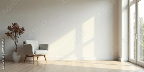 Fototapeta Serene Minimalist Room Interior Design with Sunlight Streaming Through a Window and a Modern Chair