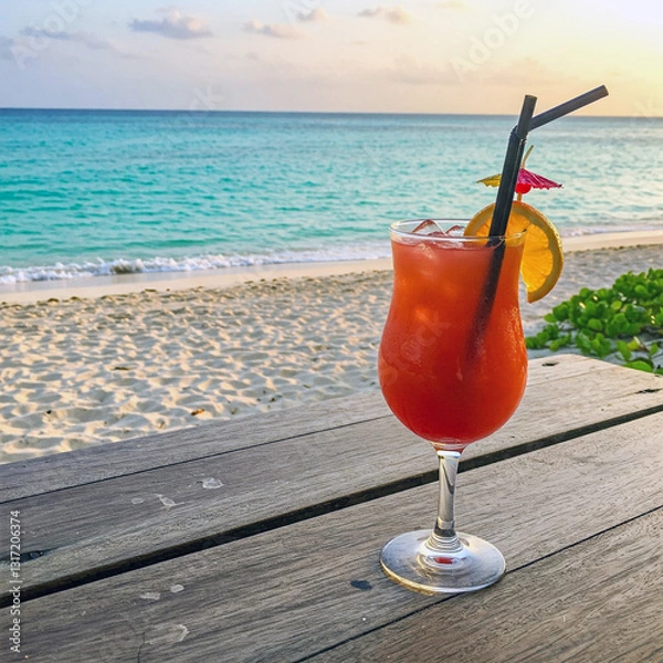 Fototapeta cocktail on a table on the beach, isolated view