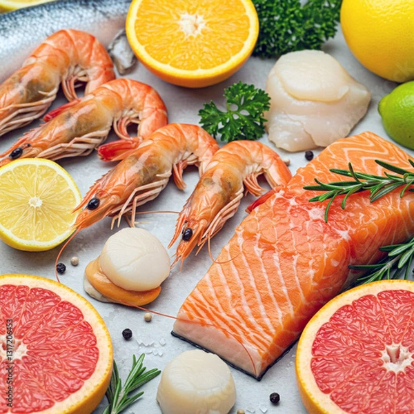 Fototapeta Salmon, shrimp and fish garnished with citrus