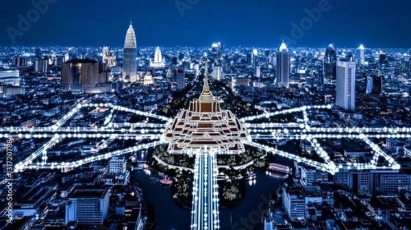 Fototapeta An intricate nighttime vista of Bangkok with glowing lines resembling a network, threading through a city bustling with architectural wonders.