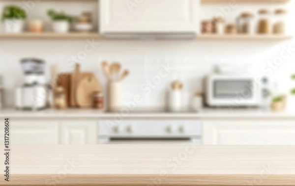 Fototapeta Wooden table top view with natural texture, perfect for product display or montage, set against a blurred modern kitchen interior background for a warm and inviting atmosphere.