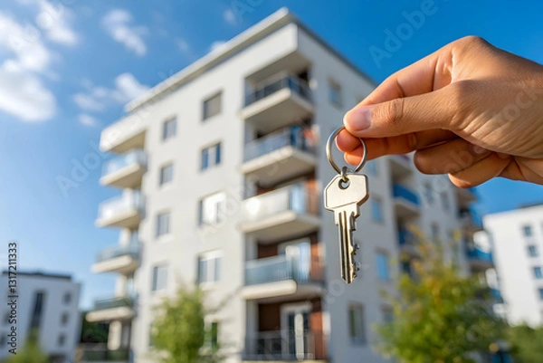 Obraz Hand holding keys to a new apartment building.