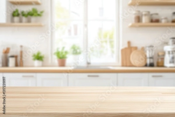 Fototapeta Wooden kitchen table top with a smooth surface, ideal for product display, set against a blurred modern interior background to create a clean and stylish presentation.