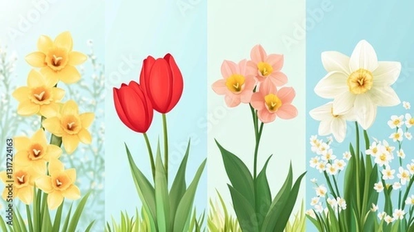 Obraz Spring floral array with daffodils, tulips, and blossoms for seasonal decor