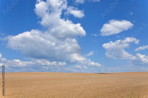 Fototapeta Field of plowed ground on a background of blue sky with clouds.
