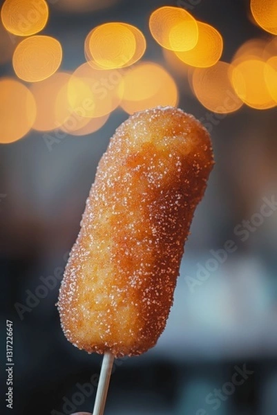Fototapeta Soft Corndog on Stick with Bokeh Background in Cafe Setting