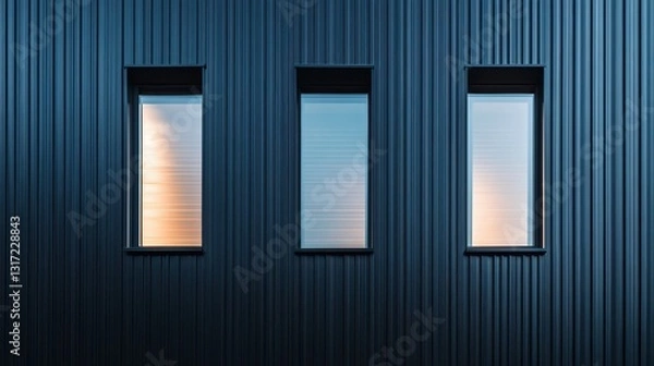 Fototapeta Contemporary Industrial Style Building Facade Featuring Three Windows with Dark Exterior and Reflected Light