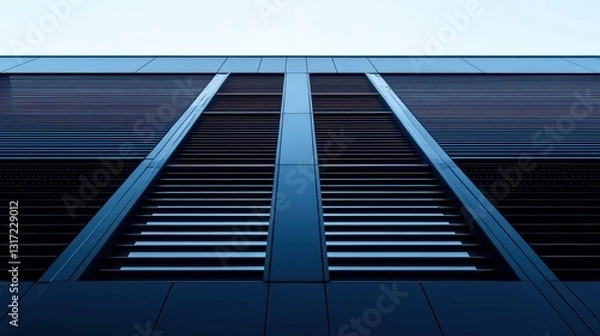 Fototapeta Dynamic Architectural Close-Up of Modern Building Facade with Horizontal Slats and Dark Color Palette