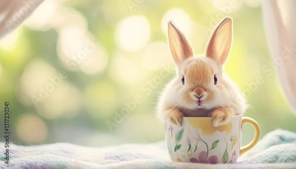 Fototapeta Adorable bunny in teacup with floral design near window with sunlight and soft focus background