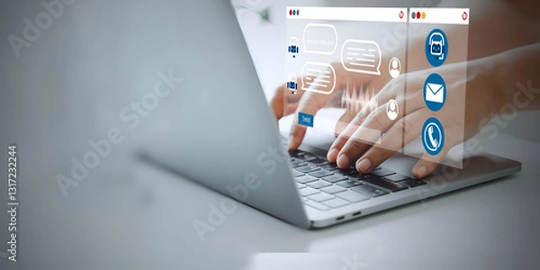 Fototapeta A business person using laptop with visual AI chatbot conversation assistant in app, Contact us Online service with AI Chatbot for efficient support. 