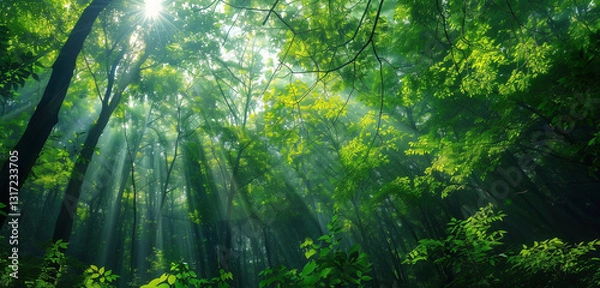 Obraz A tranquil forest landscape bathed in sunlight, where rays filter through the leafy green canopy, creating a serene and calming atmosphere.
