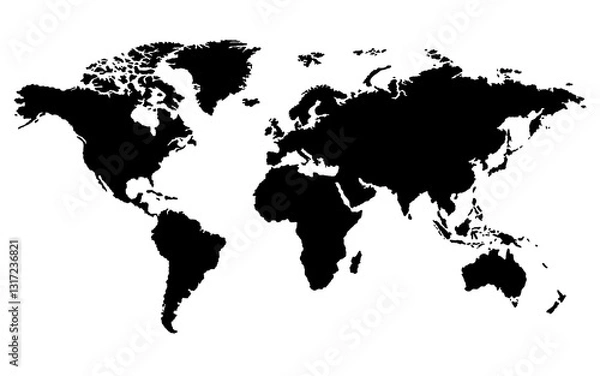 Obraz Flat world map with silhouettes of continents. Global world map black white background