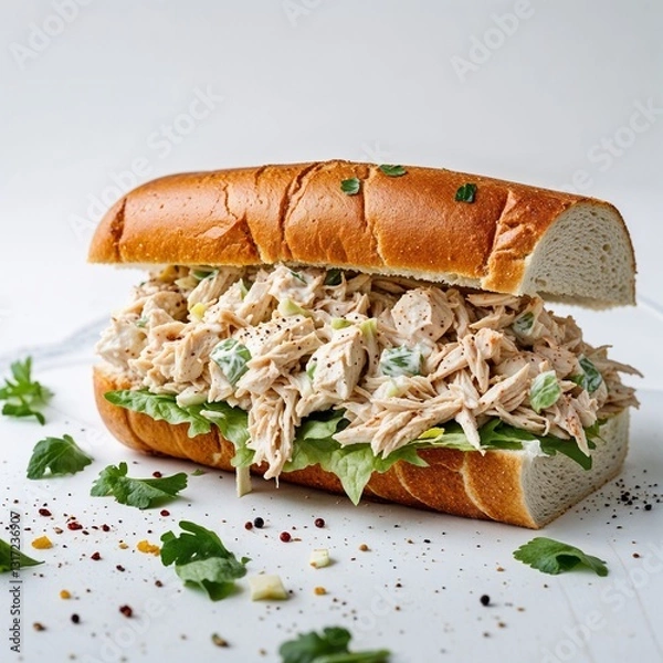 Fototapeta Chicken Salad Sandwich Shredded or diced chicken mixed with mayo and seasonings in a sandwich Food portrait photography display on red background