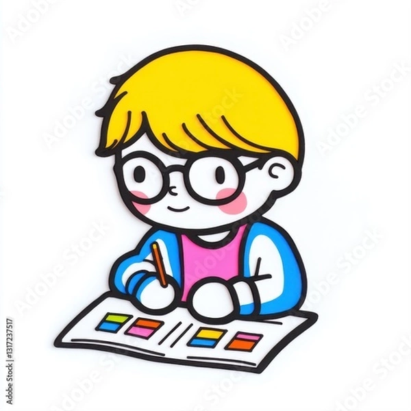 Fototapeta Cheerful Child Engaged in Creative Drawing Activity with Colorful Art Supplies on a White Background