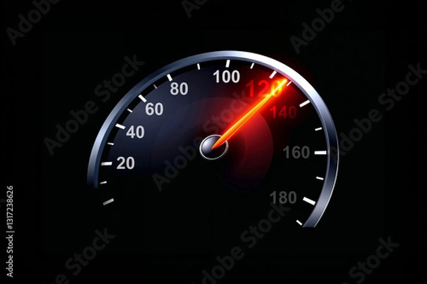 Fototapeta Speedometer with needle at 120 mile per hour , Illustration of a car dashboard with glowing speedometer on a black background , Automotive concept