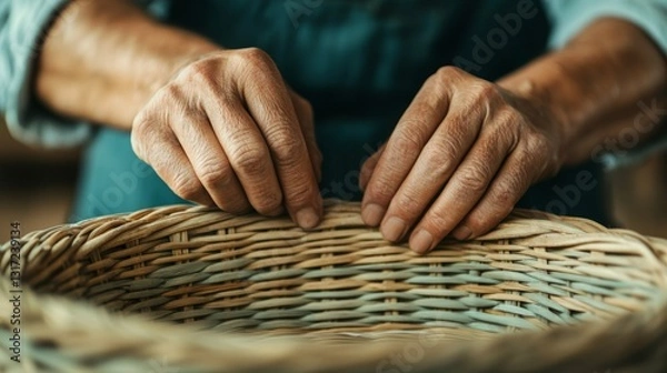 Fototapeta A craftsman skillfully weaves a wicker basket, showcasing intricate hand movements and attention to detail.