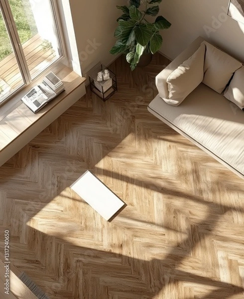 Obraz Bright Sunlight Streaming Through Window onto Beige Herringbone Wooden Floor with Yoga Mat