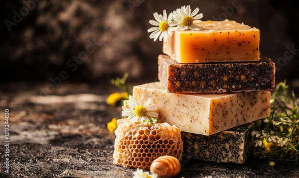Fototapeta Fresh herbal soaps stacked with chamomile flowers and honeycomb
