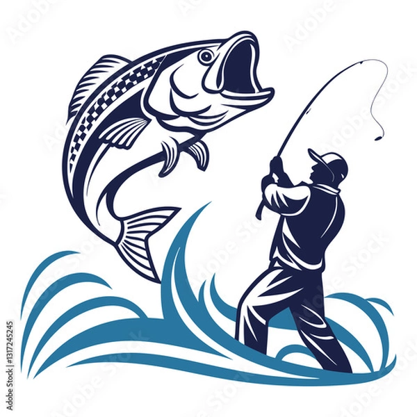 Obraz Vintage-Style Illustration of a Fisherman Catching a Large Fish .