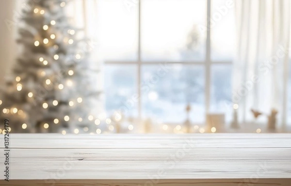 Fototapeta A blurred Christmas tree and decorated window interior background with a wooden table top in the foreground creates a festive and inviting setting, ideal for product display.