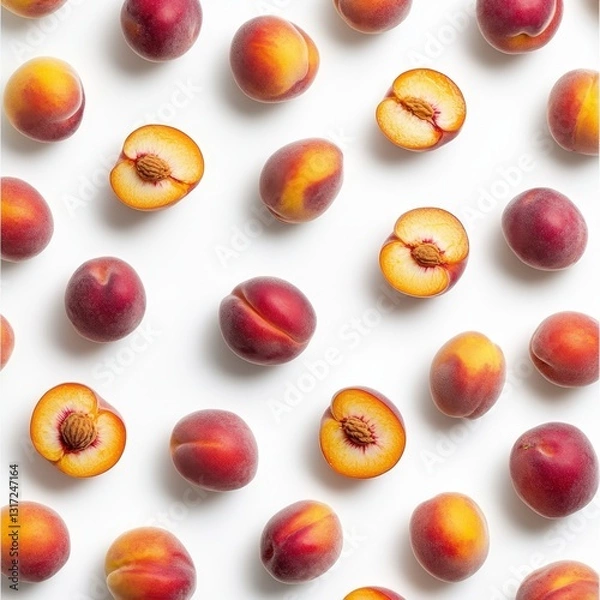 Fototapeta Flat Lay of Ripe Peaches on White Background