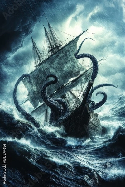 Obraz Giant Kraken Attacking Sailing Ship in Dark Stormy Ocean